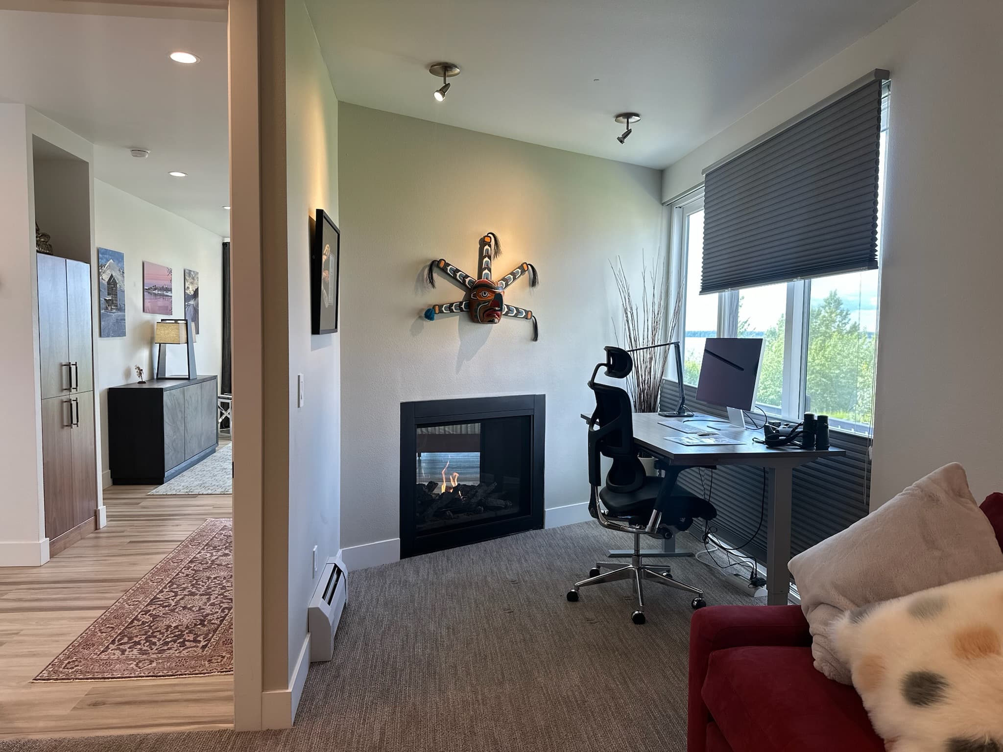 Home office with fireplace and mountain views, remote work Alaska villa