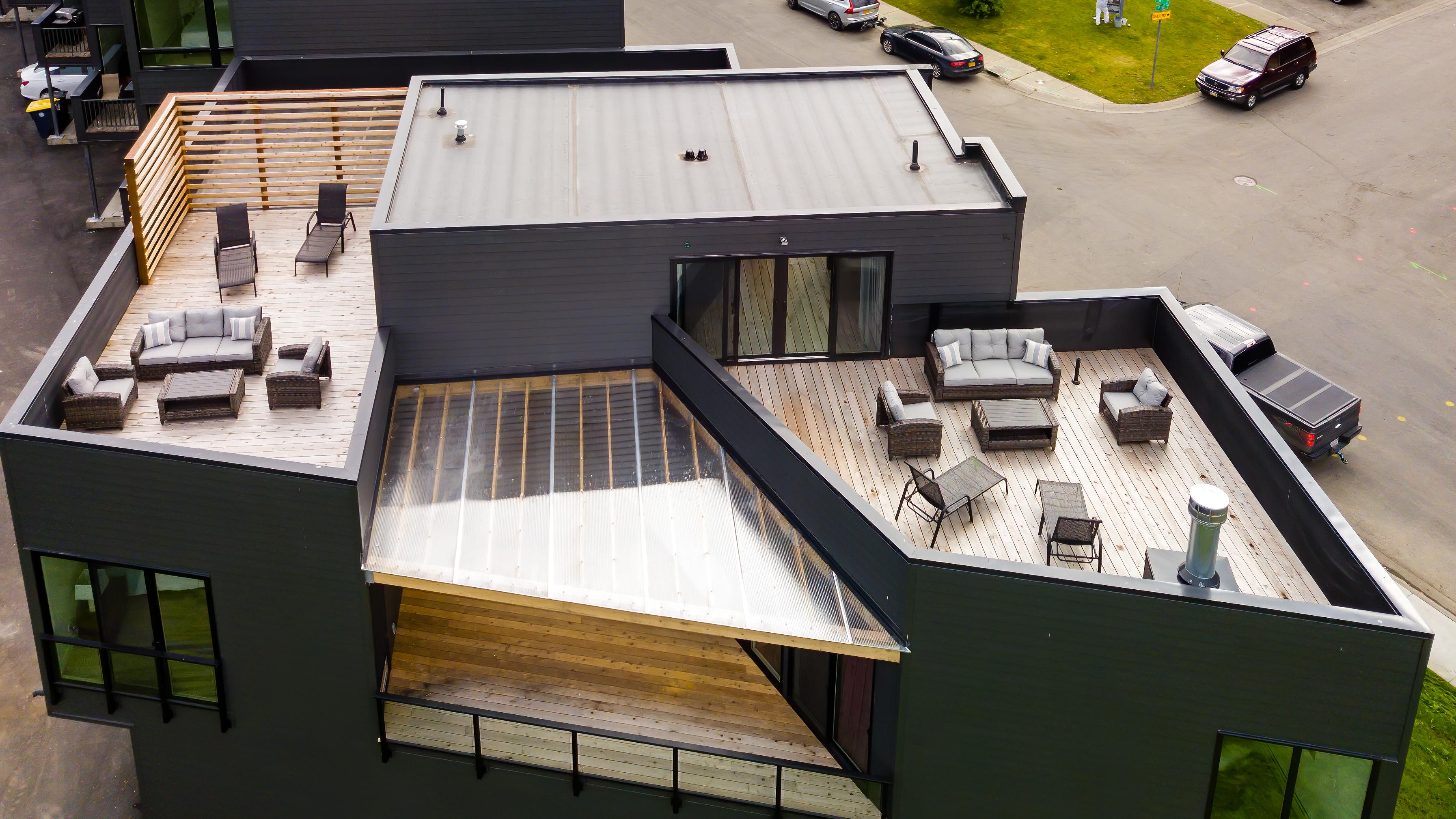 Aerial view of Villa rooftop deck overlooking Cook Inlet, Anchorage luxury rental